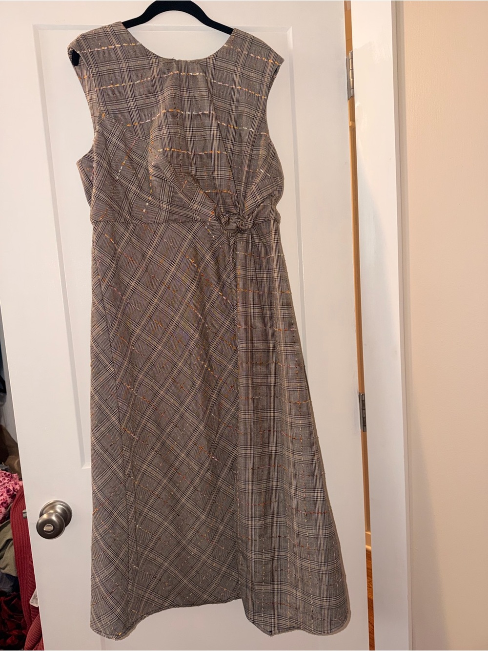 Anthropologie Taupe Plaid Knot-Detail Sleeveless Dress